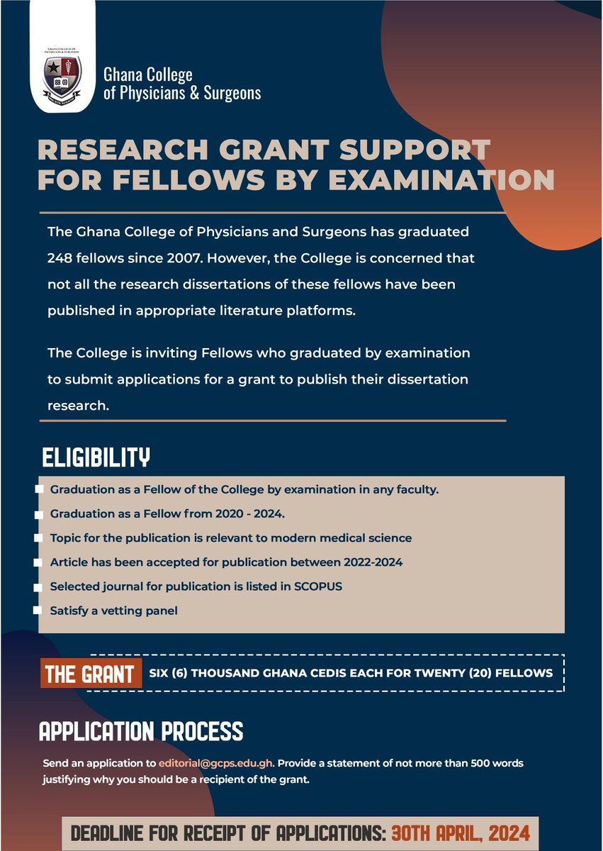 The 2024 Research Grant Support is open for applications. Submissions should be made to editorial@gcps.edu.gh. Kindly note that the deadline is Tuesday 30th April 2024.