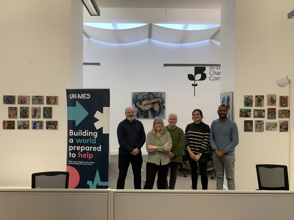 We're delighted to see @GhislaineHoward and Michael Howard, with @gmcc_Fletch and members of @UKMED. They're standing with pieces from her recent exhibition from Keele University Chapel, now installed around the UK-MED office space in Elliot house.