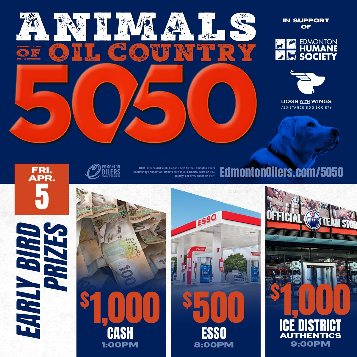 🚨 JACKPOT DRAW TONIGHT 🚨 The Animals of Oil Country #Oilers 50/50 concludes today with the total pot over $350,000 & early-bird prizes including $1,000 cash, $500 for Esso & $1,000 for @IceDistrictAuth! 🎟 EdmontonOilers.com/5050tw