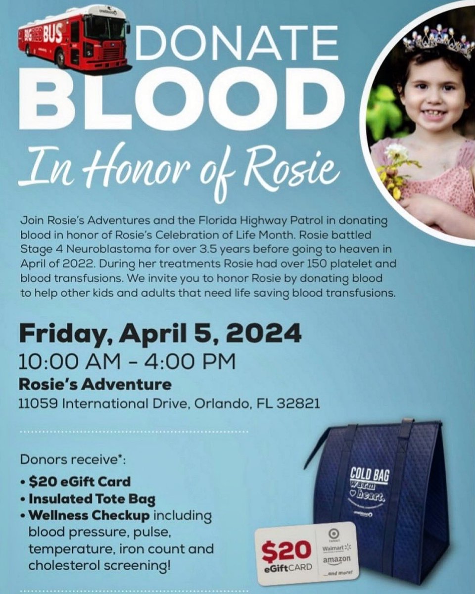 Join us today for a OneBlood Drive Event with Rosie’s Adventures Foundation. 🗓️ TODAY (April 5th) 🕘 Anytime between 10AM - 4PM 📍Troop D HQ Those who donate receive a Tote Bag, $20 e-Gift Card, and Wellness Checkup. Your one donation can make a world of difference! 🩸🎗️