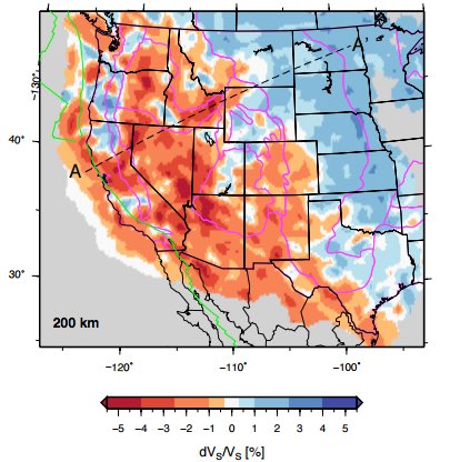 Western US crust: warm, fractured, young, light; surface waves disperse quickly

Eastern US crust: cold, consolidated, old, dense; surface waves travel faster and retain strength