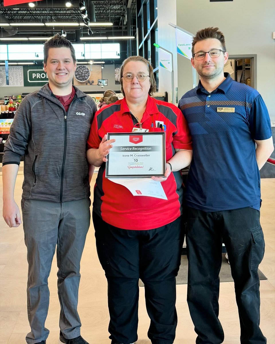 Congratulations Irene Crassweller on 10 years of service with Sherwood Co-op! Irene is a clerk at the Harbour Landing Food Store. She brings an upbeat and friendly attitude to work everyday that our members (and other employees) appreciate. Thank you for 10 great years Irene!