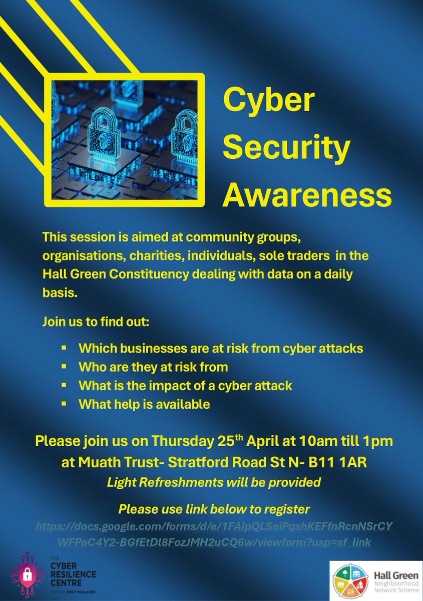 Coming up on the 26th of April 10.00am to 1.00pm, join the Cyber Resilience Centre and the Hall Green NNS team at Muath Trust for a session on Cyber Security Awareness. Send a DM to book your place.