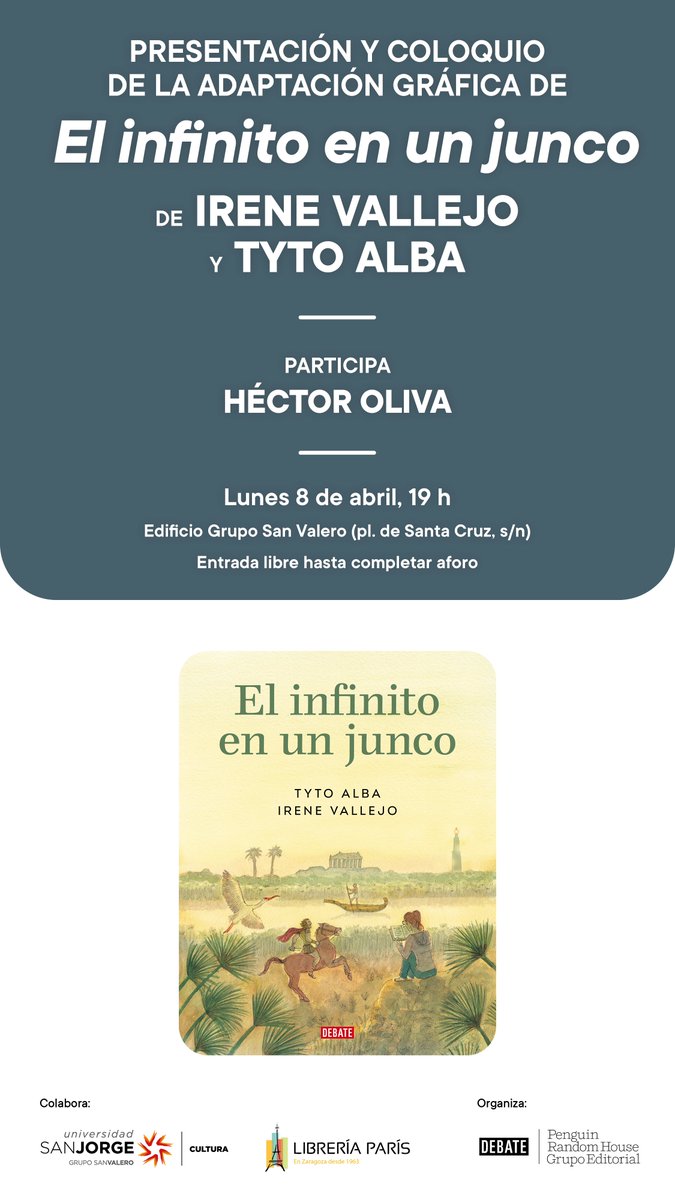 #AgendaParís🗓️ 📖Presentación de 'El infinito en un junco' (adaptación gráfica) de @irenevalmore y Tyto Alba, publicado por @debatelibros. 📅Lunes, 8 abril 🕖19 h. 📍Edificio Grupo San Valero (Pza. Sta. Cruz) Participa Héctor Oliva, profesor de @_usj_. 👉libreriaparis.com/blog/2024/pres…