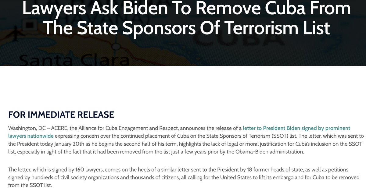 Will @StateDept officials like @WHAAsstSecty, @enriqueroig, @USAmbOAS & @karinmlang meet with a group of the 160+ lawyers, many Cuban-American, who argue #Cuba doesn't meet the statutory definition for sponsoring international terrorism, and thus should be removed from that list?