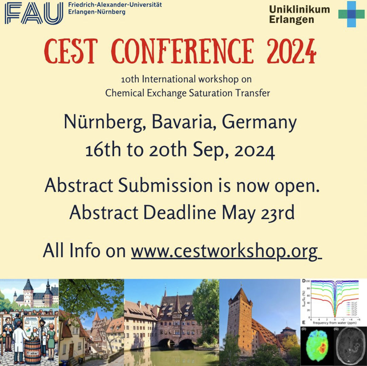 Are you interested in CEST imaging or would you like to share your latest results with the community? 

Then visit our website cestworkshop.org and submit your latest abstract for the international conference in Nuremberg in September 2024. cestworkshop.org