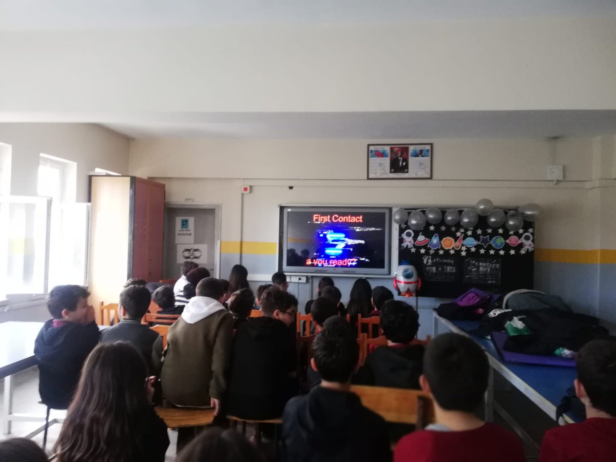 Happy First Contact Day! We watched parts from #StarTrekFirstContact, listened Magic Carpet Ride song and talked about space. @eTwinningDestek @NASA @SpaceX #wellbeing4all