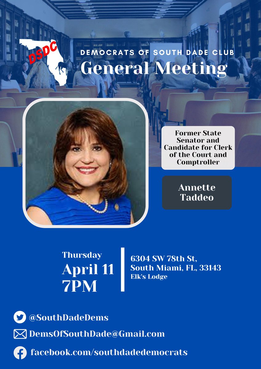 Join us next Thursday for our club meeting featuring former State Sen. @Annette_Taddeo!