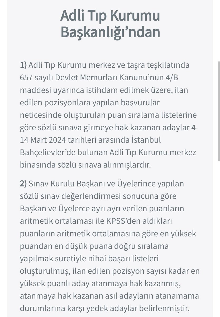 📢📜📢 Adli Tıp Kurumu Başkanlığı 2024 yılı Personel Alımı mülakat sonuçları açıklandı. Kazanan adayları tebrik ediyor, meslek hayatlarında başarılar diliyoruz. Sonuç sorgusu için; basvuru.atk.gov.tr/basvuru/Basvur…