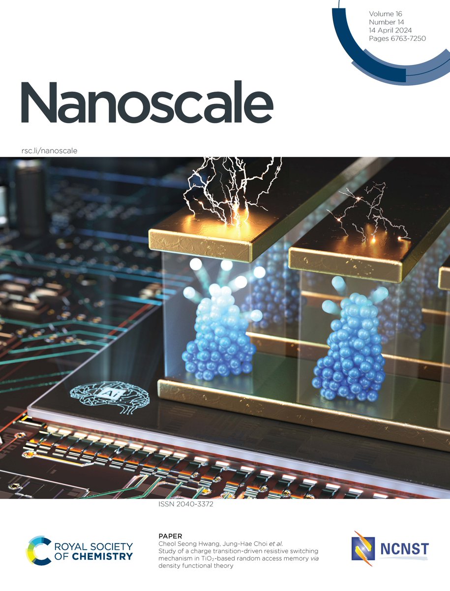 ICYMI! This Nanoscale cover highlights the latest work by Cheol Seong Hwang, Jung-Hae Choi and colleagues on the charge transition-driven resistive switching mechanism in TiO₂-based random access memory via density functional theory! Find out more here 👇 pubs.rsc.org/en/content/art…