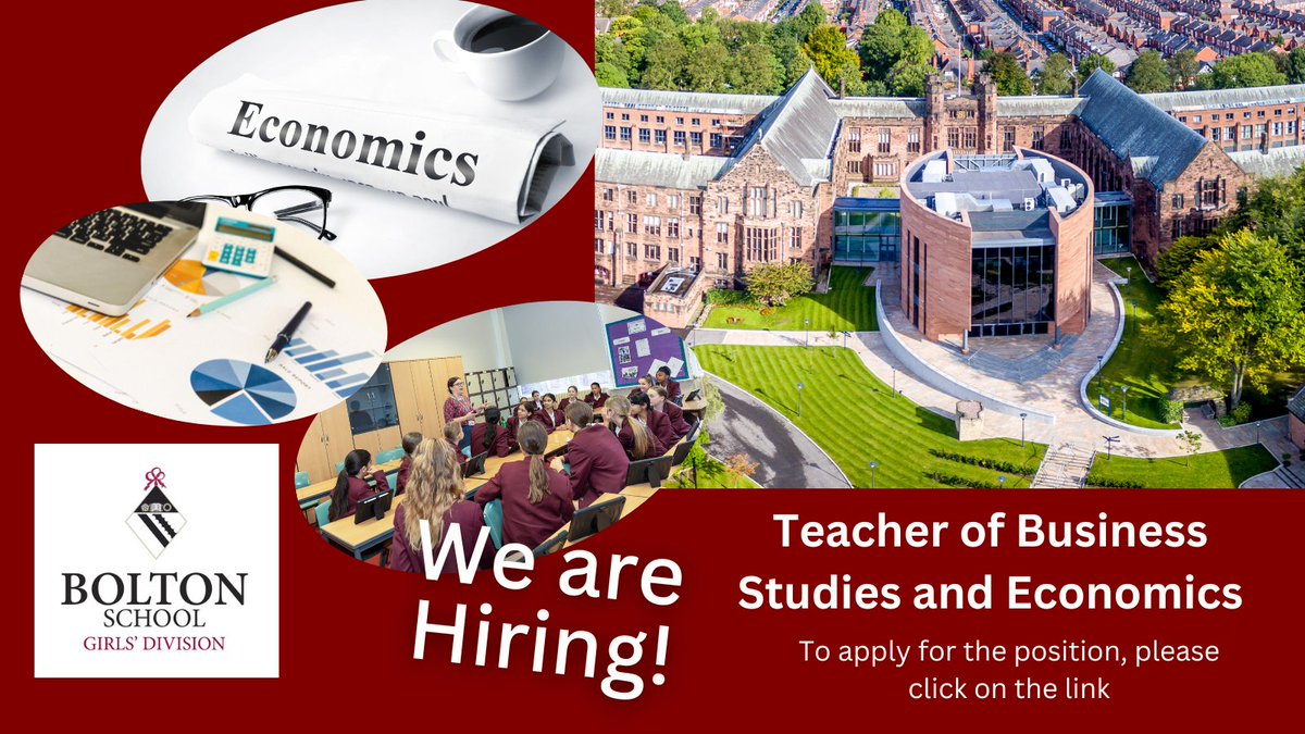 We are hiring! We are currently looking for a full-time Teacher of Business Studies and Economics on a permanent basis in the Girls’ Division Senior School.

Please click here to apply: bit.ly/43LdxRC

#hiring  #boltonjobs #recruitment  #business #businessstudies