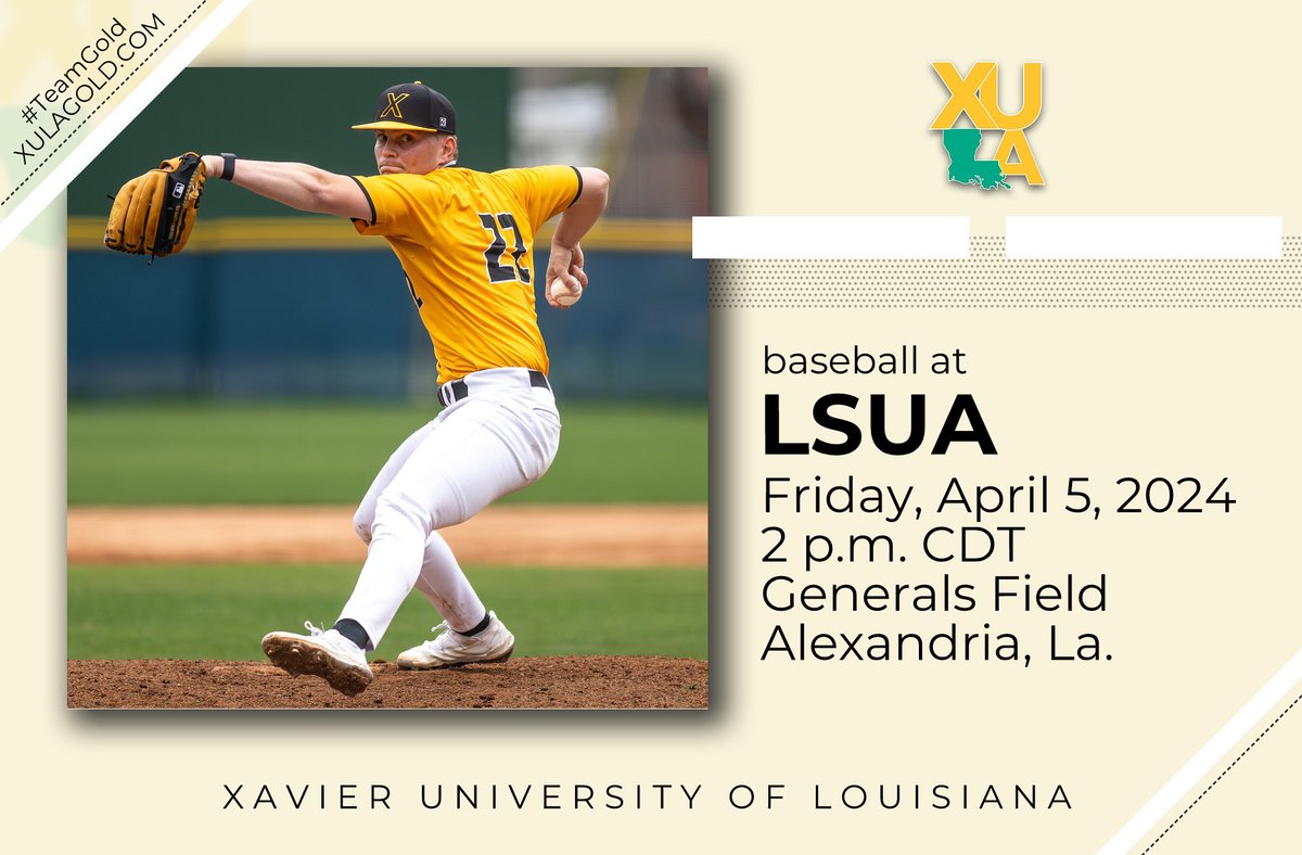 Opener of 3-game conference road series. • Tickets: bit.ly/3TPxBh0 • Video: shorturl.at/inqJ5 • Stats: shorturl.at/lsBU9 #TeamGold #HailAllHailXU #NAIABaseball #HBCU #XULA