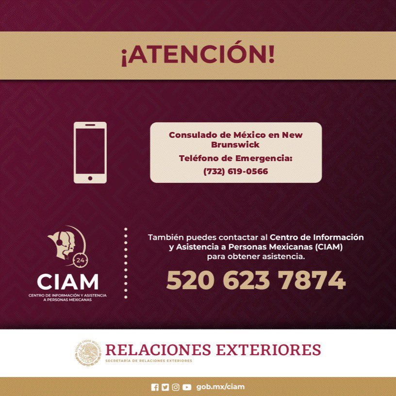 ⚠️ Ante el sismo ocurrido esta mañana en #NuevaJersey, se pone a disposición de la comunidad 🇲🇽 el teléfono de emergencias de este Consulado y del CIAM.👇🏼#ProtecciónConsular