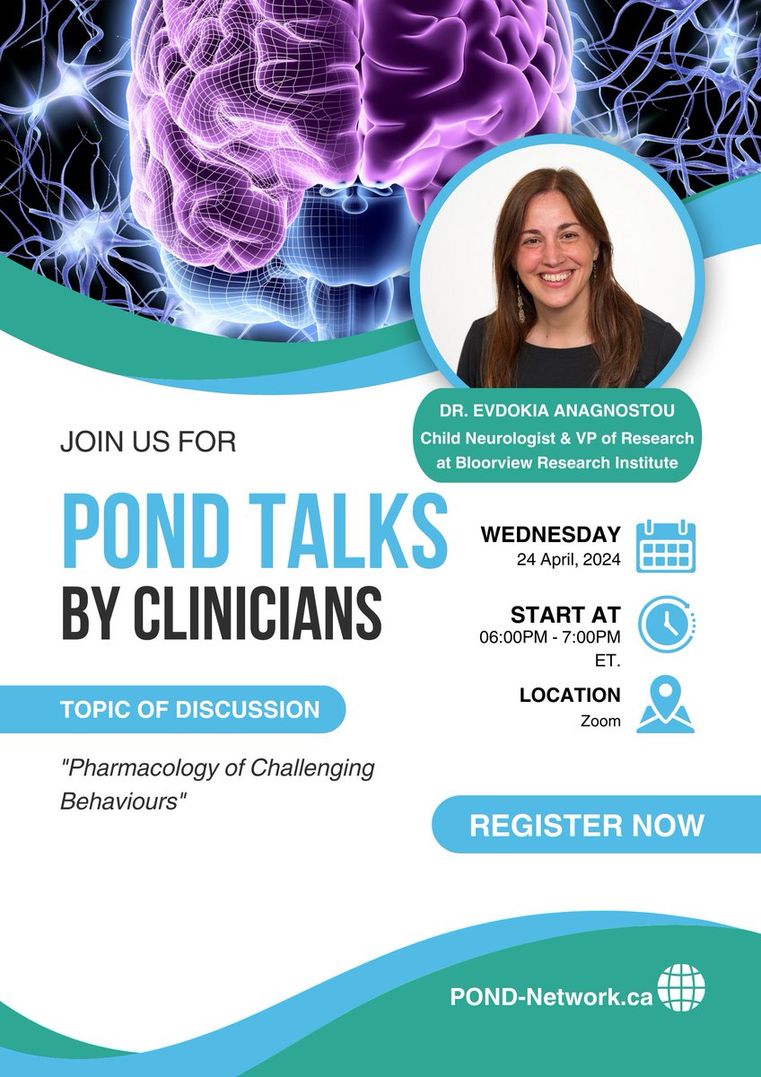 Thrilled to announce our next POND Talks event featuring Dr. Evdokia Anagnostou on the Pharmacology of Challenging Behaviours! Secure your spot for Wednesday April 24, 6-7pm! #PONDTalks <a href="/EvdokiaAnagn/">evdokia anagnostou</a> eventbrite.com/e/pond-talks-b…