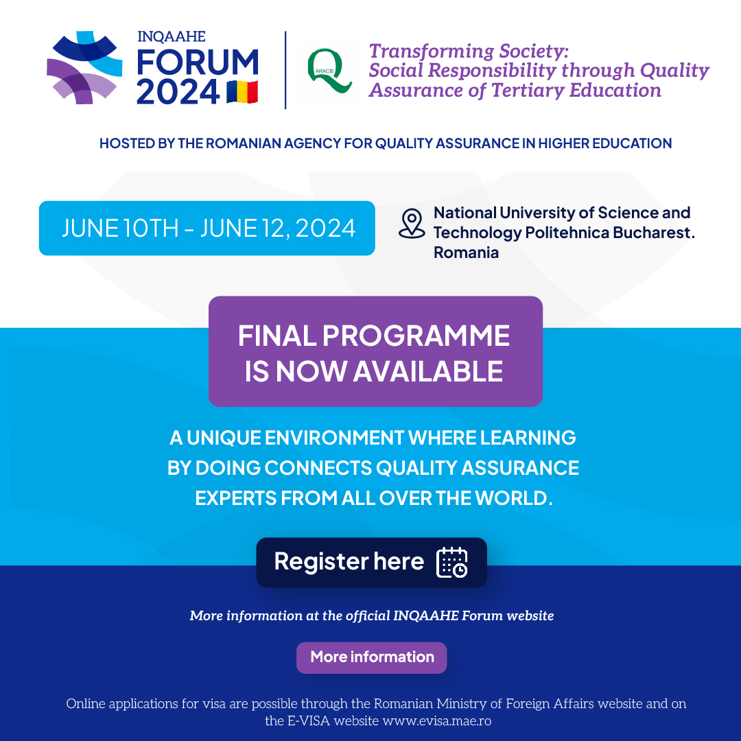 🗓️ The final programme of the #INQAAHEForum2024 is already available! Check all Forum sessions here 👉 inqaahe.org/sites/default/… Register for the Forum now! 📝inqaahe2024-aracis.ro/registration/