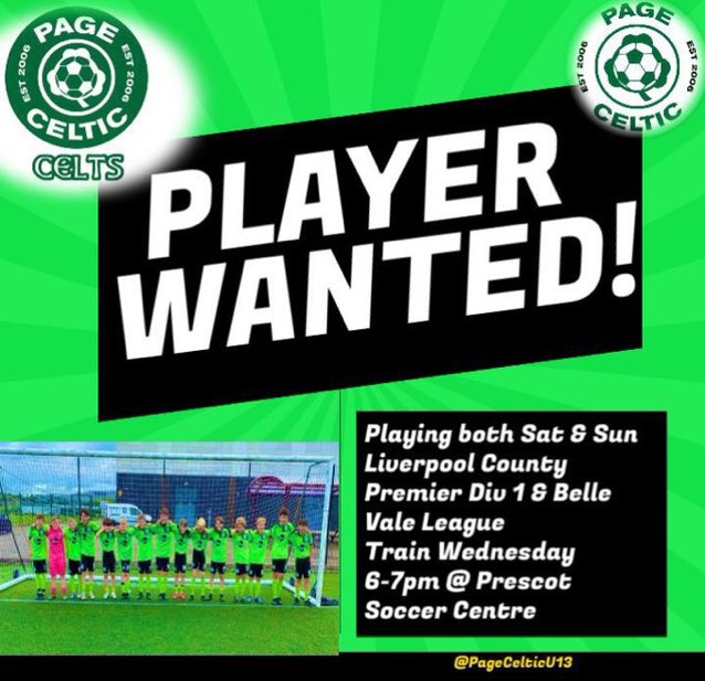 Page Celtic U14 βοΈ (@pagecelticu14) on Twitter photo π¨ New player wanted for the 2024/25 season π¨
Playing both Saturday and Sunday in two very good leagues <a href="/LCPL2012/">Liverpool CPL</a> and @BVDJFLfixtures Get in touch if interested and we will get you started in training on Wednesday evenings. β½οΈβοΈβ½οΈβοΈ π¨ New player wanted for the 2024/25 season π¨
Playing both Saturday and Sunday in two very good leagues <a href="/LCPL2012/">Liverpool CPL</a> and @BVDJFLfixtures Get in touch if interested and we will get you started in training on Wednesday evenings. β½οΈβοΈβ½οΈβοΈ