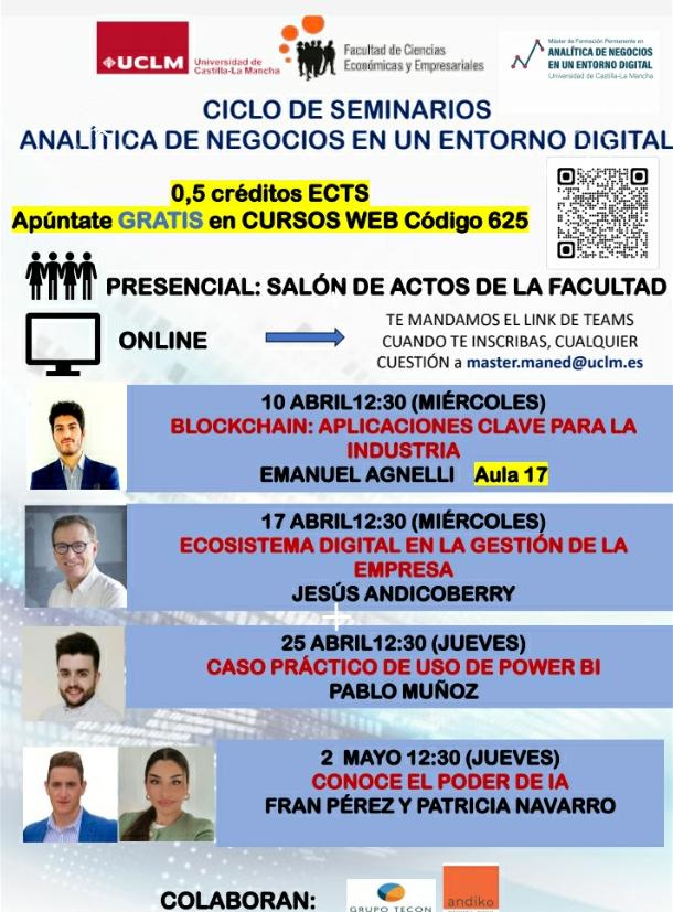 Ciclo de Seminarios: "Analítica de negocios en un entorno digital".

🗓️ 10, 17 y 25 de abril y 2 de mayo.

📍Salón de actos del Edificio Melchor de Macanaz.

👤 Organiza: <a href="/ManedMaster/">MANED-Master Analítica Negocios Entorno Digital</a> (<a href="/ftaadcee_ab/">Facultad de Ciencias Económicas y Empresariales AB</a>).

ℹ️ Gratuito. 0'5 Créditos ECTS.

📲 Inscripción: cursosweb.uclm.es/index.aspx?ccu…
