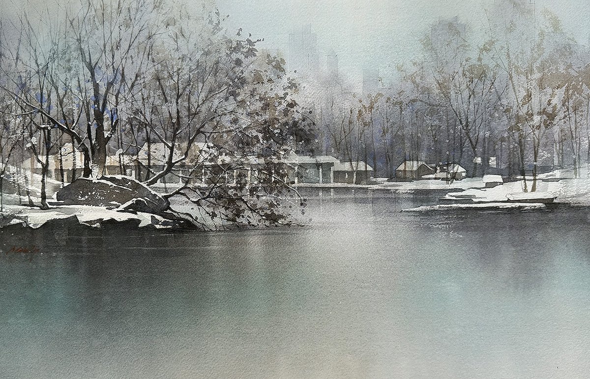 Winter at Loeb Boathouse - Central Park Watercolor - 15x22 inches @CentralParkNYC #art #watercolor #landscpae #NYC