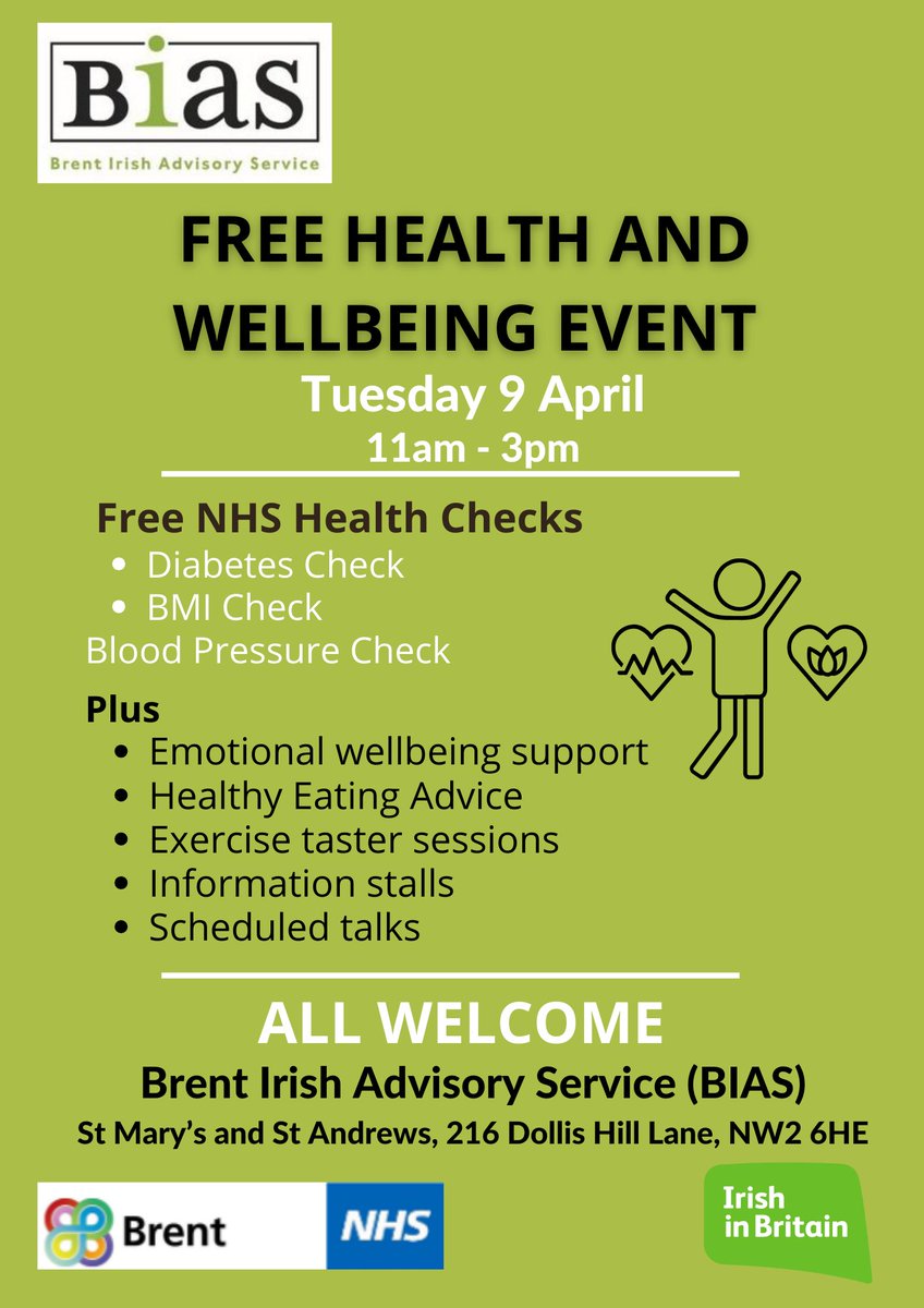 Have you been thinking about your health recently?🤔 📆Brent Health Matters are joining BIAS at St Mary's and St Andrew's Church on Tuesday 9 April. All residents are welcome to come along for a health check, emotional wellbeing support and further information and advice.😊