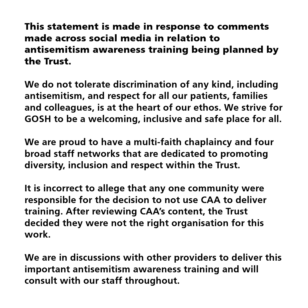 The following statement is made in response to allegations made across social media in relation to antisemitism awareness training being planned by the Trust.