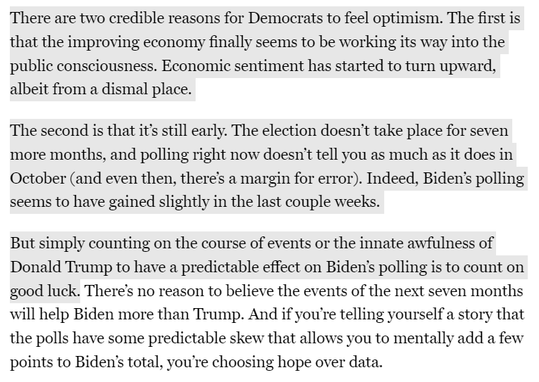 Surprised by this @jonathanchait piece on @SimonWDC. Chait says there are credible reasons for Ds to feel optimism, but these are reasons *Simon himself* has repeatedly cited. His main argument is that current polls only tell a limited part of the story. nymag.com/intelligencer/…