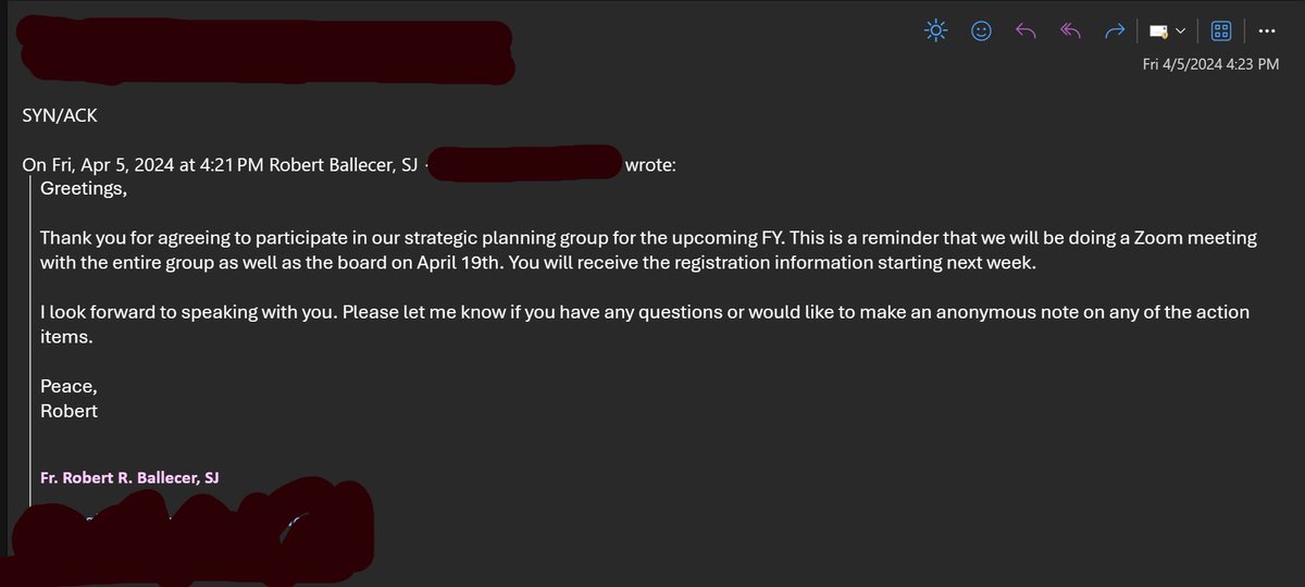 I lost a close friend early in the COVID pandemic. Good man. GREAT friend. Total geek. Today while sending out a mass email reminder, I accidentally autocompleted his address into the BCC. Imagine my surprise when I received an email from this long-dead friend with: 'SYN/ACK'