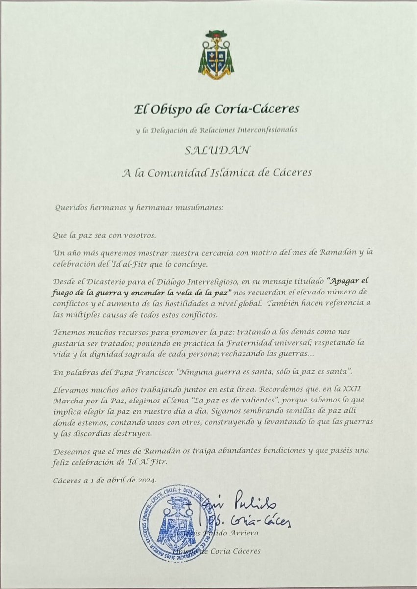 Nuestro Obispo y la Delegación de Relaciones Interconfesionales de la Diócesis de Coria-Cáceres felicitamos a nuestros amigos musulmanes. 
Deseamos que el mes de Ramadán os traiga abundantes bendiciones y que paséis una feliz celebración de 'Id Al Fitr.
