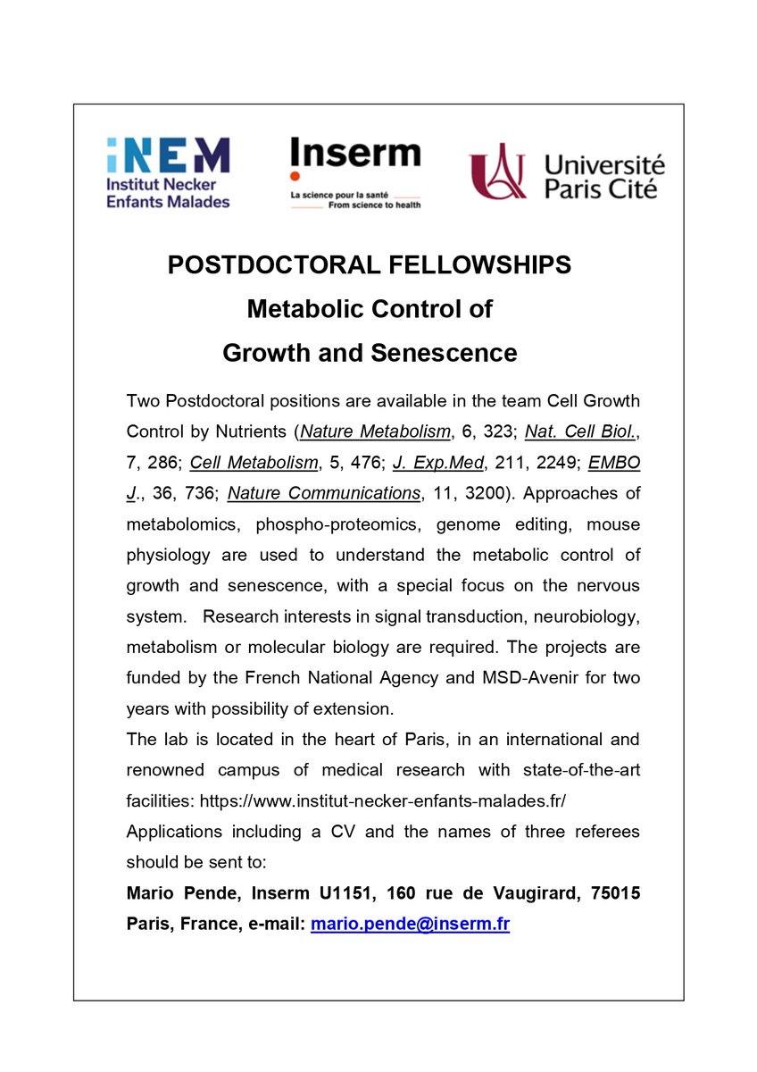 🔬Exciting #JobAlert! Are you interested in metabolism and the underlying mechanisms of cell growth and senescence? @MarioPende's Lab are on the lookout for two skilled Postdoctoral fellows to join their dynamic team. Apply now and be part of cutting-edge research! 🚀