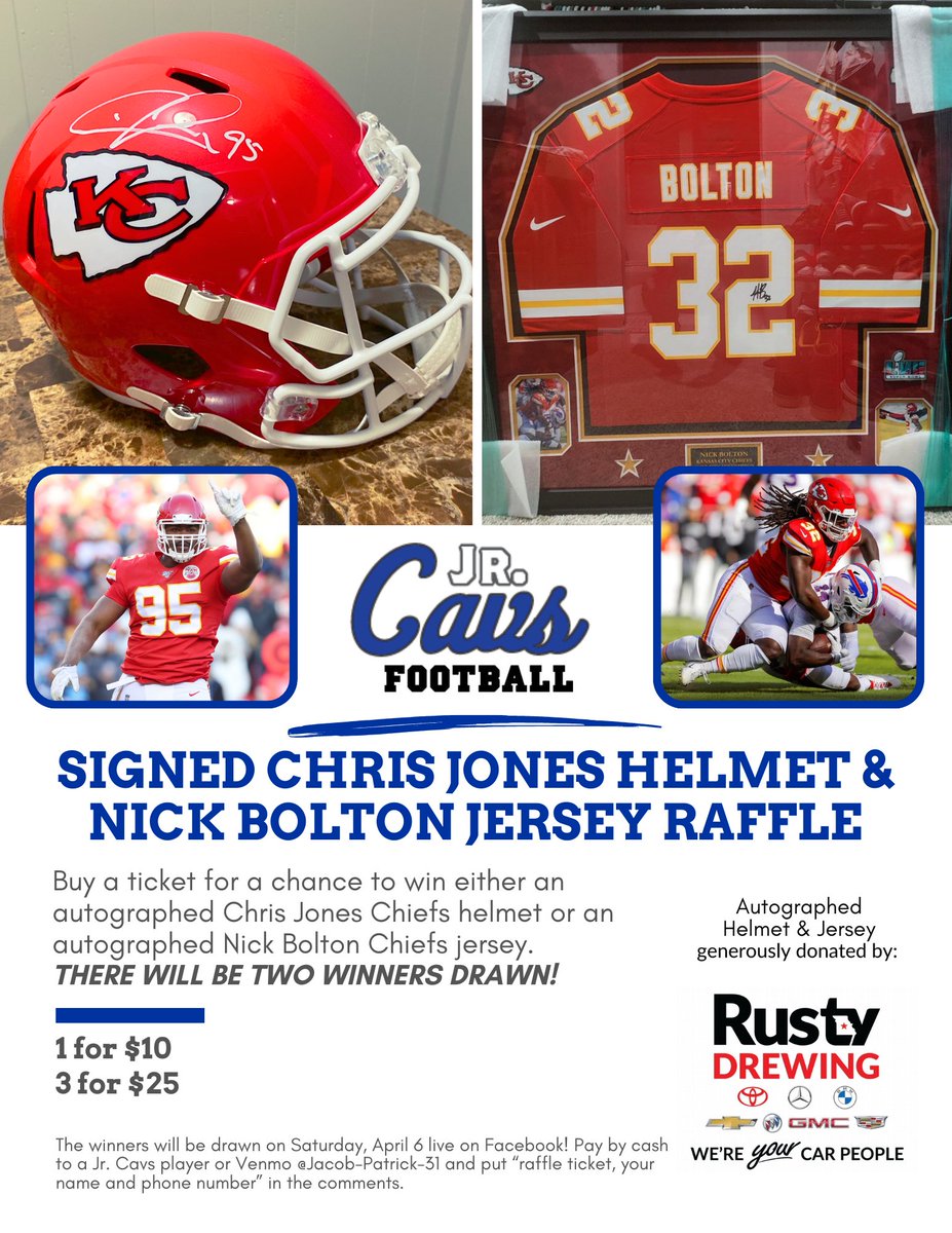 Capital City Football (@capcityfb) on Twitter photo DRAWING TOMORROW! There are just a few tickets left for a chance to win either the Chris Jones autographed helmet or the Nick Bolton autographed jersey. Buy tickets to help the Jr Cavs program. Venmo <a href="/Jacob/">Jacob Mullins</a>-Patrick-31 and put "raffle, your name and phone number" in the comments. DRAWING TOMORROW! There are just a few tickets left for a chance to win either the Chris Jones autographed helmet or the Nick Bolton autographed jersey. Buy tickets to help the Jr Cavs program. Venmo <a href="/Jacob/">Jacob Mullins</a>-Patrick-31 and put "raffle, your name and phone number" in the comments.