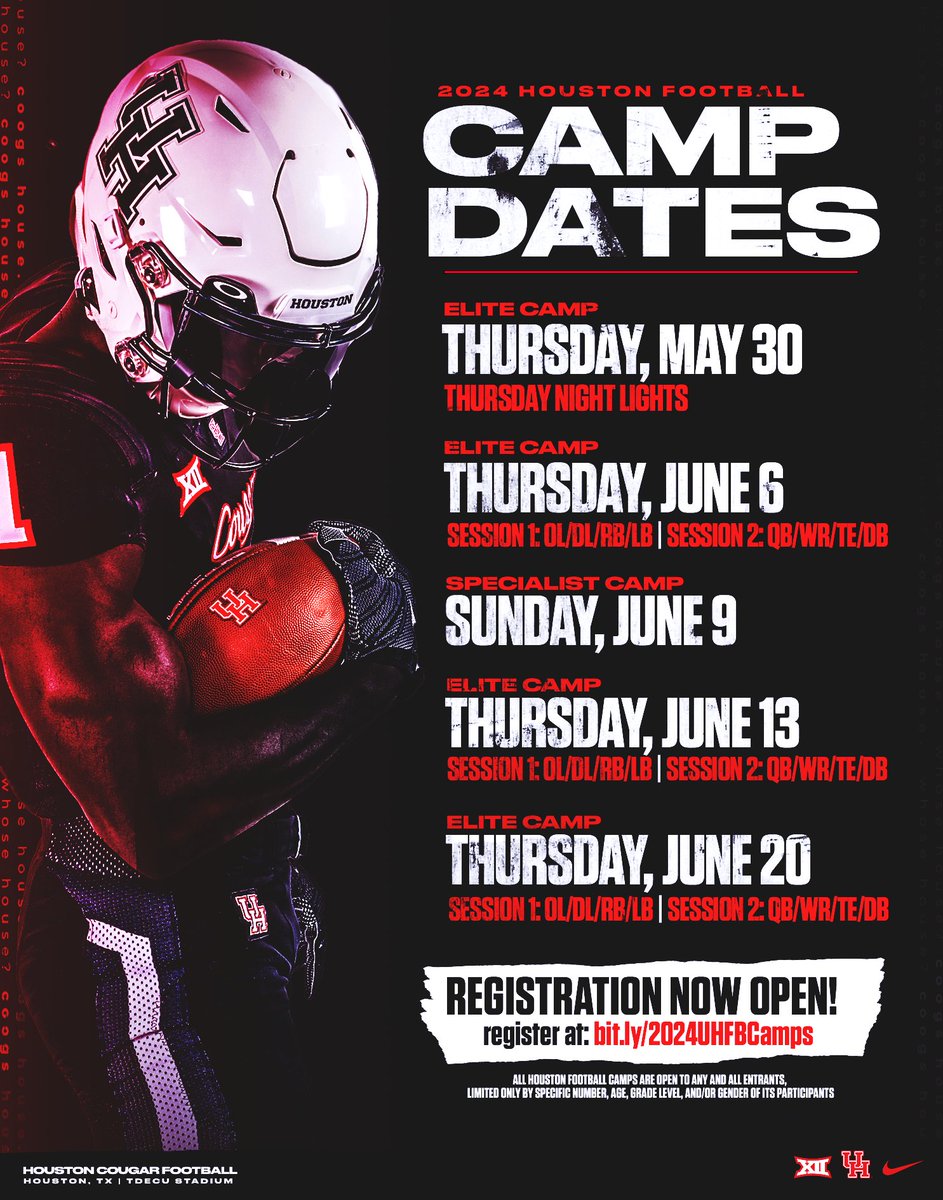 🚨CAMP REGISTRATION IS OFFICIALLY OPEN 🚨 Don't miss your chance to camp with us this summer in H-Town. Sign up today! #GoCoogs 🔗 bit.ly/2024UHFBCamps