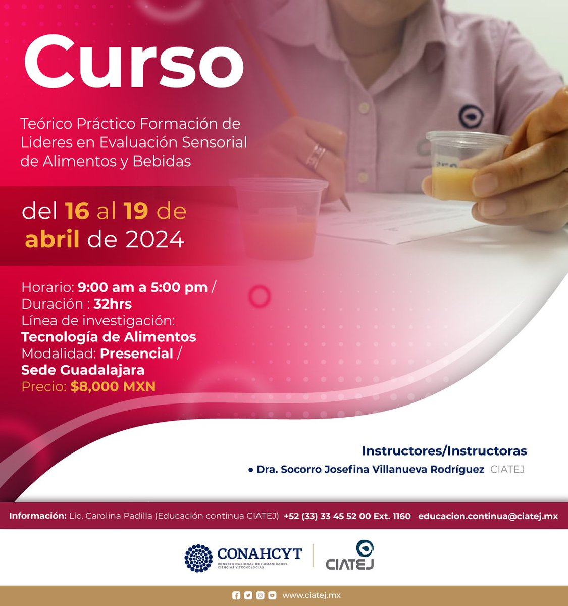 #Cursos #CIATEJ 📣

#Descubre la Evaluación Sensorial para elevar el desarrollo de alimentos y bebidas. 

‍👨‍💻🥤🥫👨‍🔬

➡ goo.su/xPxlrB
📨 correo: educacion.continua@ciatej.mx

#EvaluaciónSensorial #alimentos #bebidas