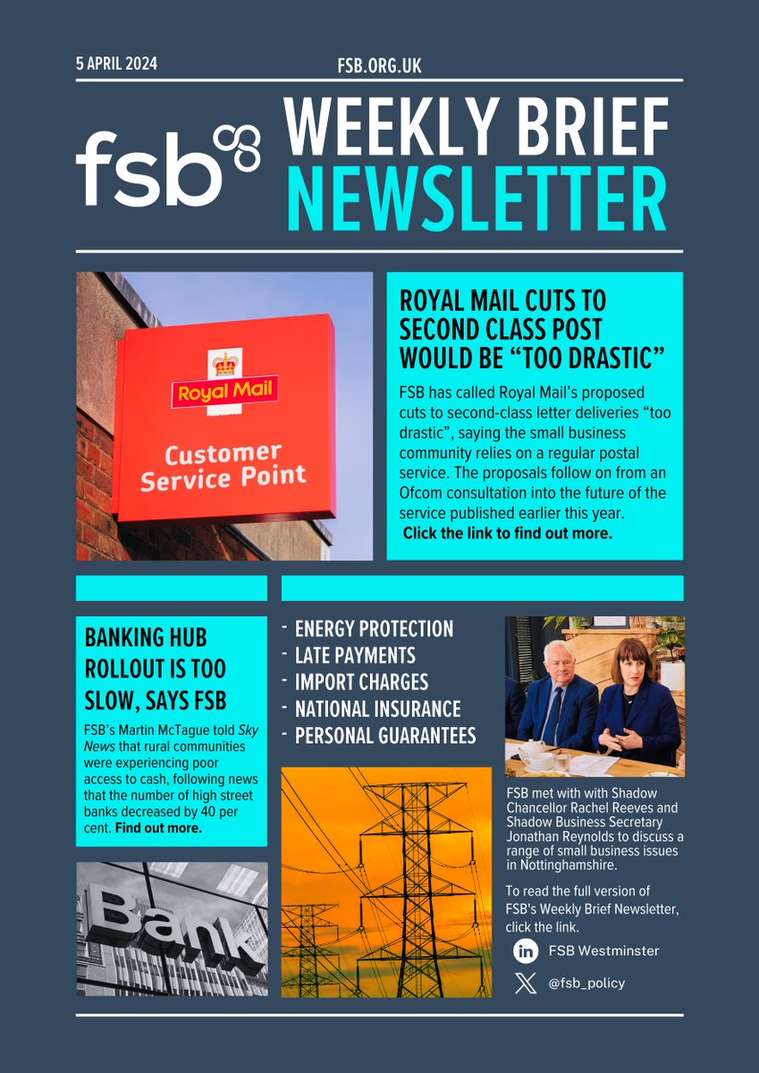 🗞️ Royal Mail cuts are 'too drastic' 🏦 banking hubs🚢 import charges ⚡️energy costs, and more. Get up to speed with all the week's small business news in the Weekly Brief Newsletter 👇 🔗 go.fsb.org.uk/3xneOST