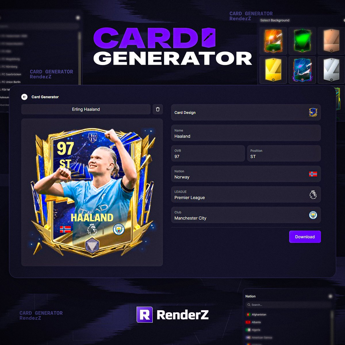 🚨🚨⚙️ We're launching the #RenderZ Card Generator! All the #FCMobile art and flair you love — customise cards' positions, OVRs, and more! ⬇️ Download your creations as PNGs! 🧑‍💻 Become a Founder to unlock GIFs and AI-upscaled downloads! 🔗 renderz.app/card-generator