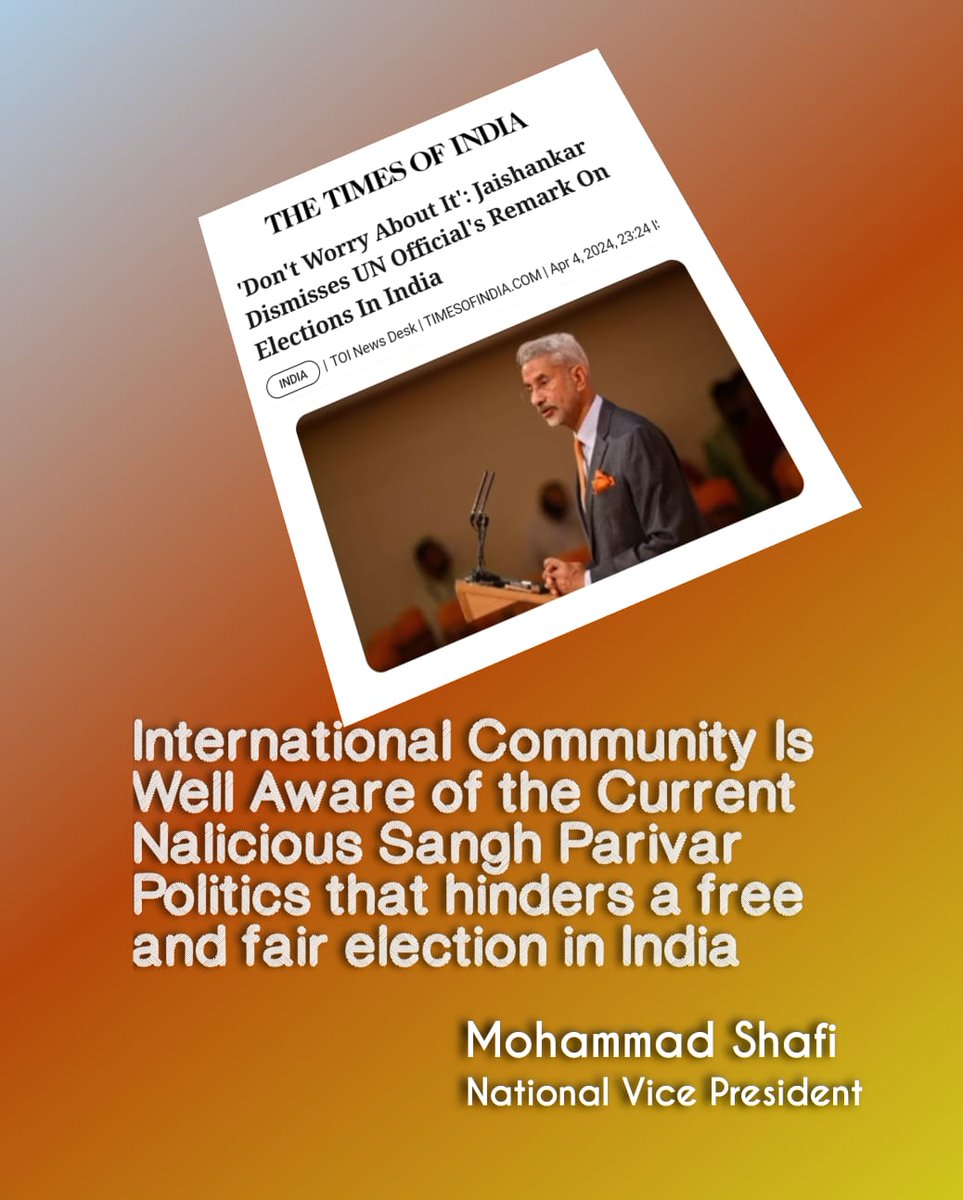 It would be better if the EA minister Jaishankar who has been put on defensive by the UN spokesperson, realised that the international community is well aware of the current malicious Sangh Parivar politics that hinders a free and fair election in India
#ElectionCommissionOfIndia