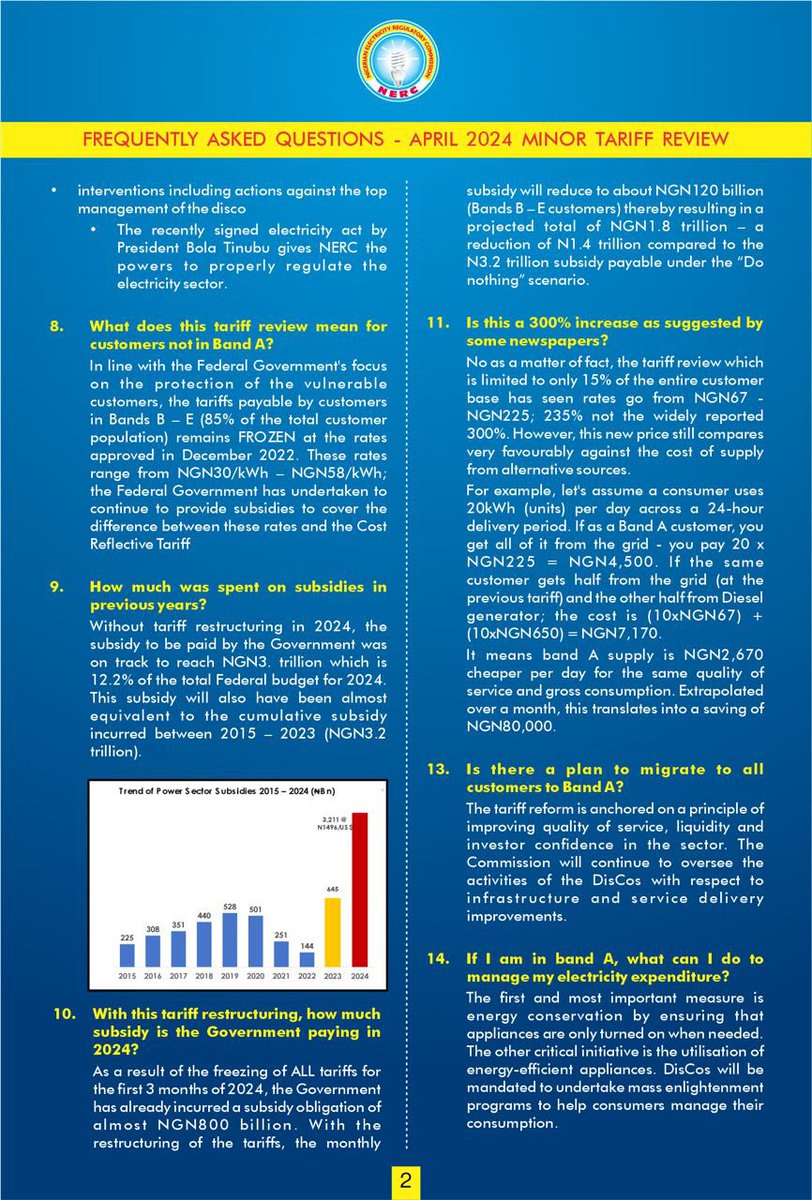 NERC @NERCNG releases Frequently Asked Questions to guide consumers on the new electricity tariffs for Band A customers