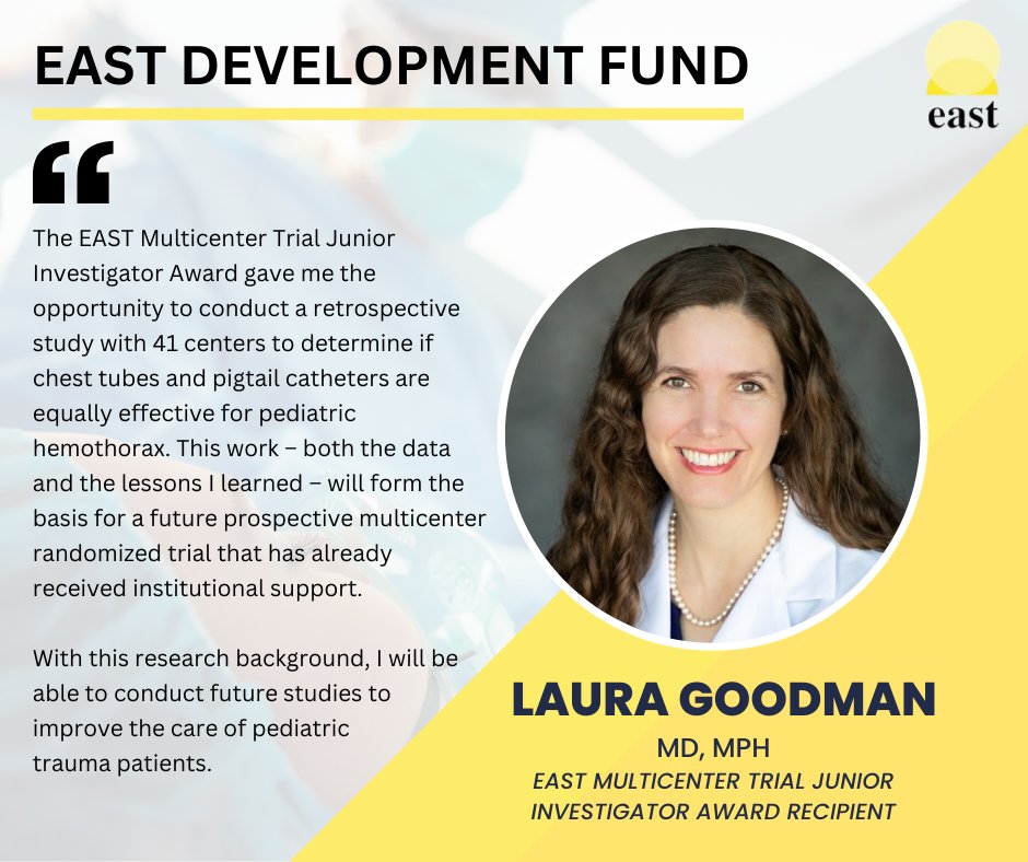 Traumatic injury is a public health challenge, but thanks to your generosity, we can support trauma leaders like Dr. Laura Goodman (@drlgoodperson) who are working to save lives. Donate to the EAST Development Fund & help support the future of trauma care: bit.ly/3KhHVsP