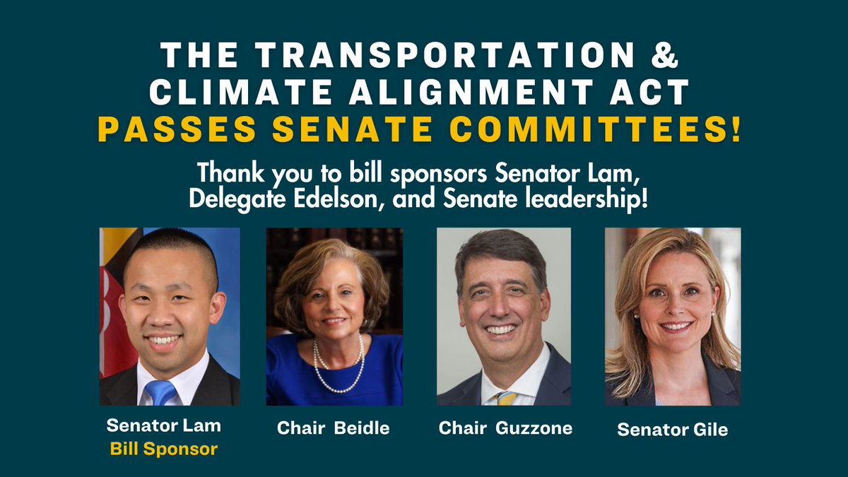 The Transportation Climate Alignment Act 🌎sponsored by @ClarenceLamMD @ElectEdelson just passed the Senate Budget Committee and is on its way to the floor! Thanks @GuyGuzzone @SenJimRosapepe @SarahForMD @shellyhettleman @SenatorMcCray @SenatorZucker @Senatornjk @MichaelFor27!