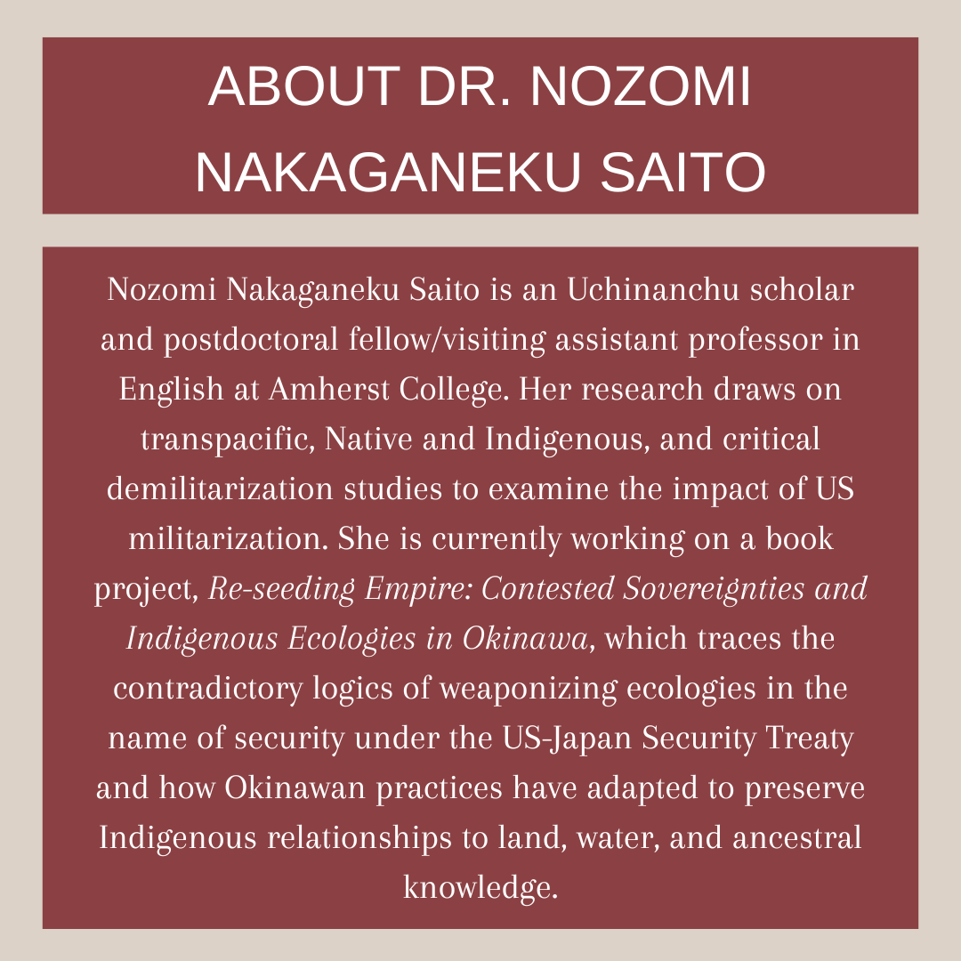 ClarkHumanities's tweet photo. We thought you might like to learn a little more about our upcoming guest, @nozomimeanshope, before her lecture "Between Ruin and Rebellion: Everyday Sovereignties in Okinawa’s Black District" on Monday, 4/8 at 4:30pm ET in the Higgins Lounge at Dana Commons @ClarkUniversity. https://t.co/ny9ShEi165