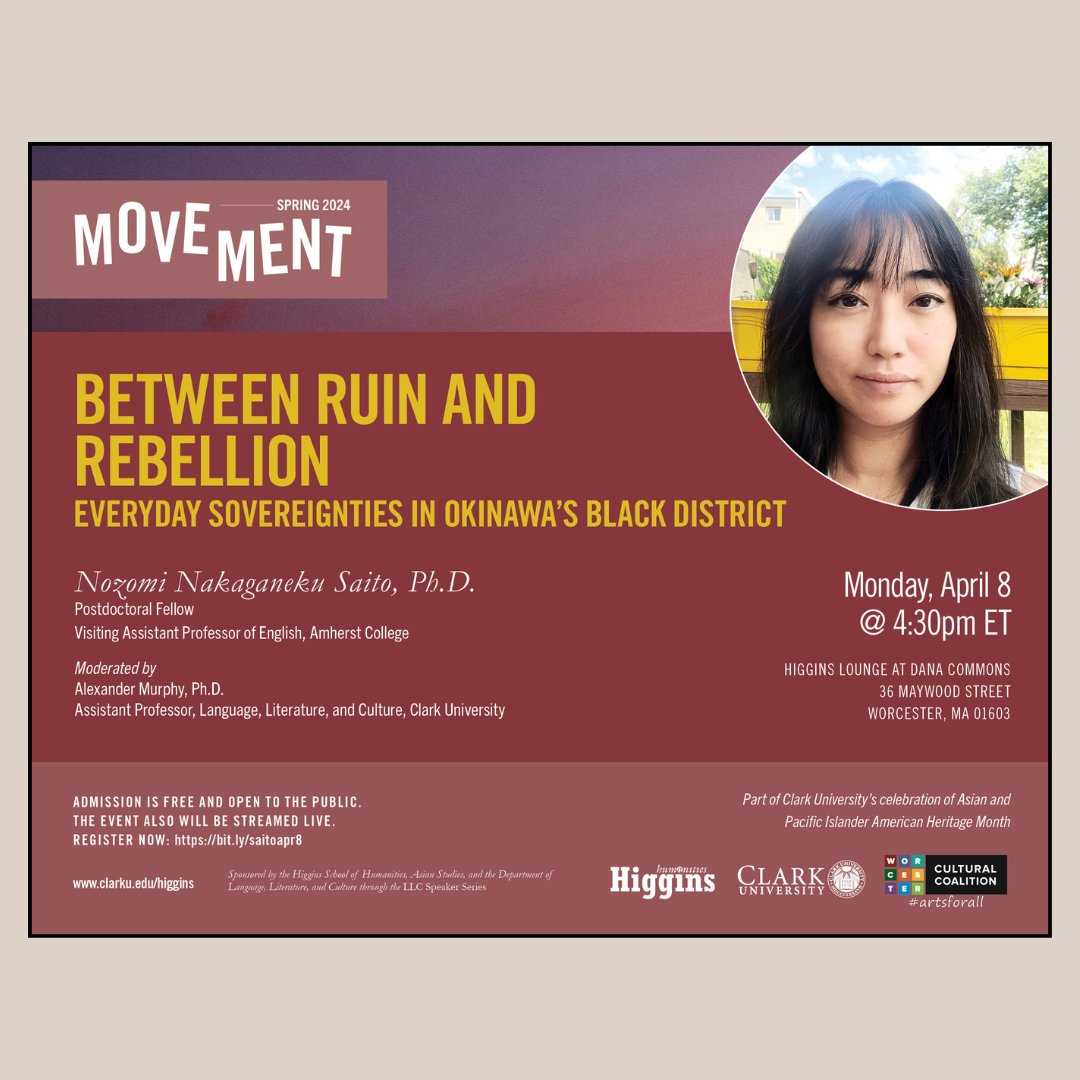 We thought you might like to learn a little more about our upcoming guest, @nozomimeanshope, before her lecture "Between Ruin and Rebellion: Everyday Sovereignties in Okinawa’s Black District" on Monday, 4/8 at 4:30pm ET in the Higgins Lounge at Dana Commons <a href="/ClarkUniversity/">Clark University</a>.
