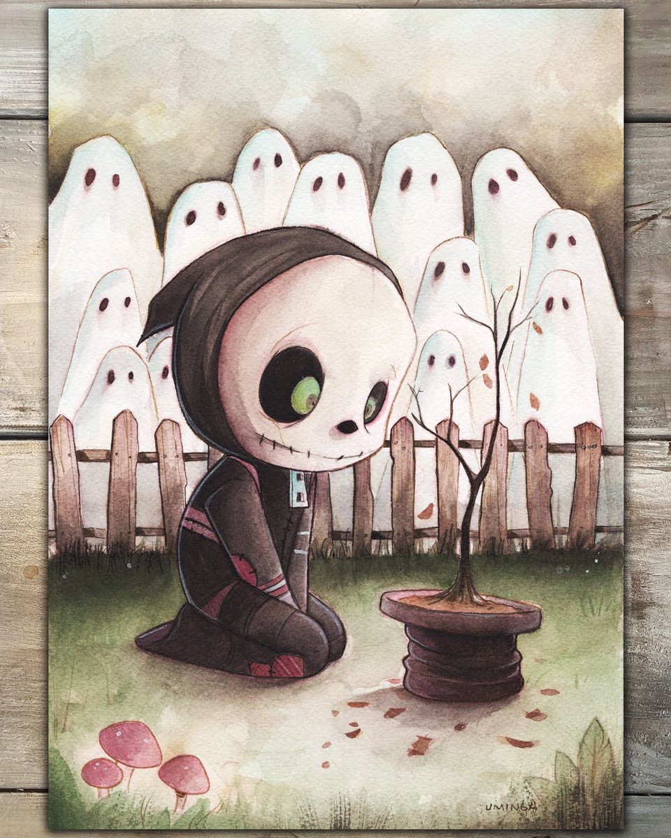 “Wishing and Hoping “ Watercolor and ink on arches paper. Available in my shop uminga720.storenvy.com #death #skeleton #ghosts #love #watercolor #keepcraftalive