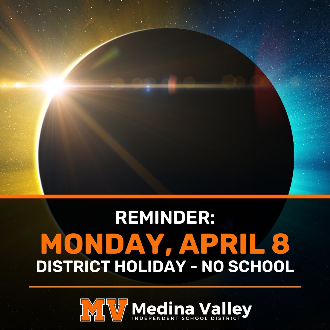 📆 𝐑𝐄𝐌𝐈𝐍𝐃𝐄𝐑: District holiday on Monday, April 8. We will return to normal operations on Tuesday, April 9. Have a wonderful and safe extended weekend! ☀️ 🌒 🔗 Check out our academic calendar: mvisd.co/3Q4e4IV