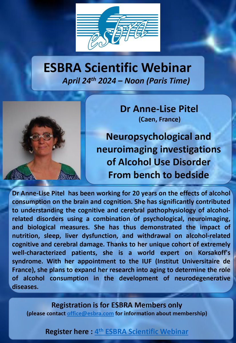 Prochain webinaire @esbra_society : Dr. Anne-Lise Pitel de France 'Investigations neuropsychologiques et neuroimaging du trouble de l'usage d'alcool : De la recherche à la pratique clinique'. Inscription : u-picardie-fr.zoom.us/meeting/regist…