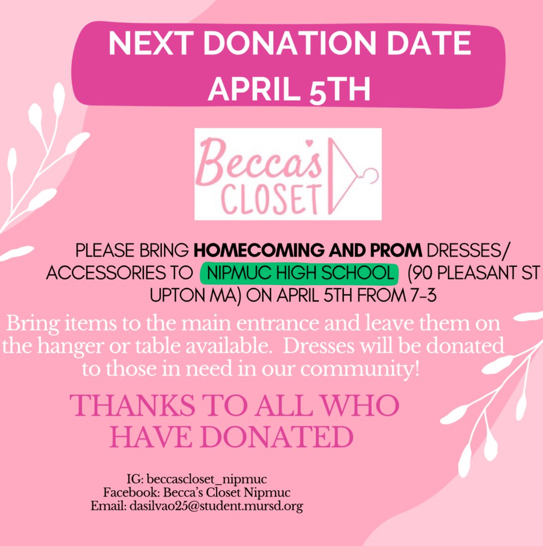 Thank you to our amazing community for your generosity in the donations for Becca's Closet. The first drop off was a success last month with the students collecting over 65 dresses. Today is the April drop off and you can stop by and drop off your donation before 2pm today.