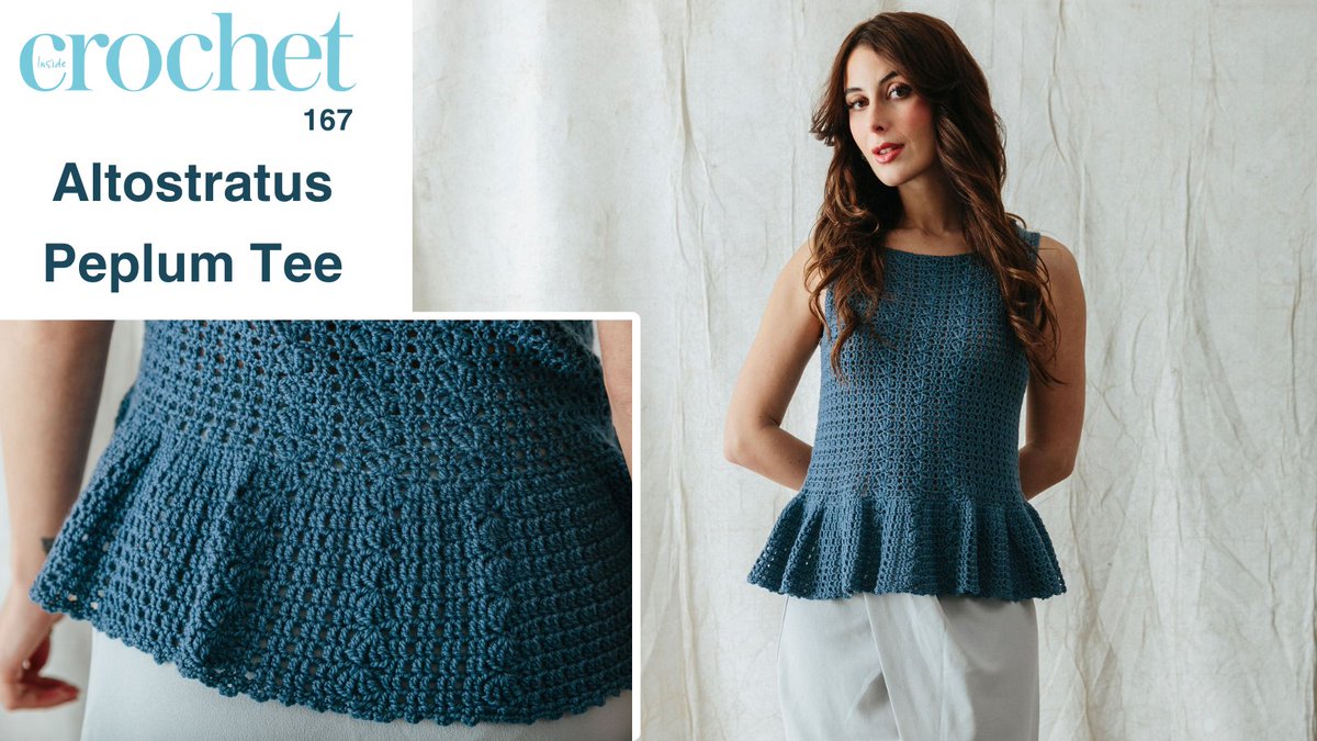 The beautiful Altostratus Peplum Tee created by Simone Francis has a flattering close-fitting design with a flirty flared peplum at the waist. Hooked in luxurious wool and silk-blend West Yorkshire Spinners Exquisite 4ply. Order here -- bit.ly/IC_168