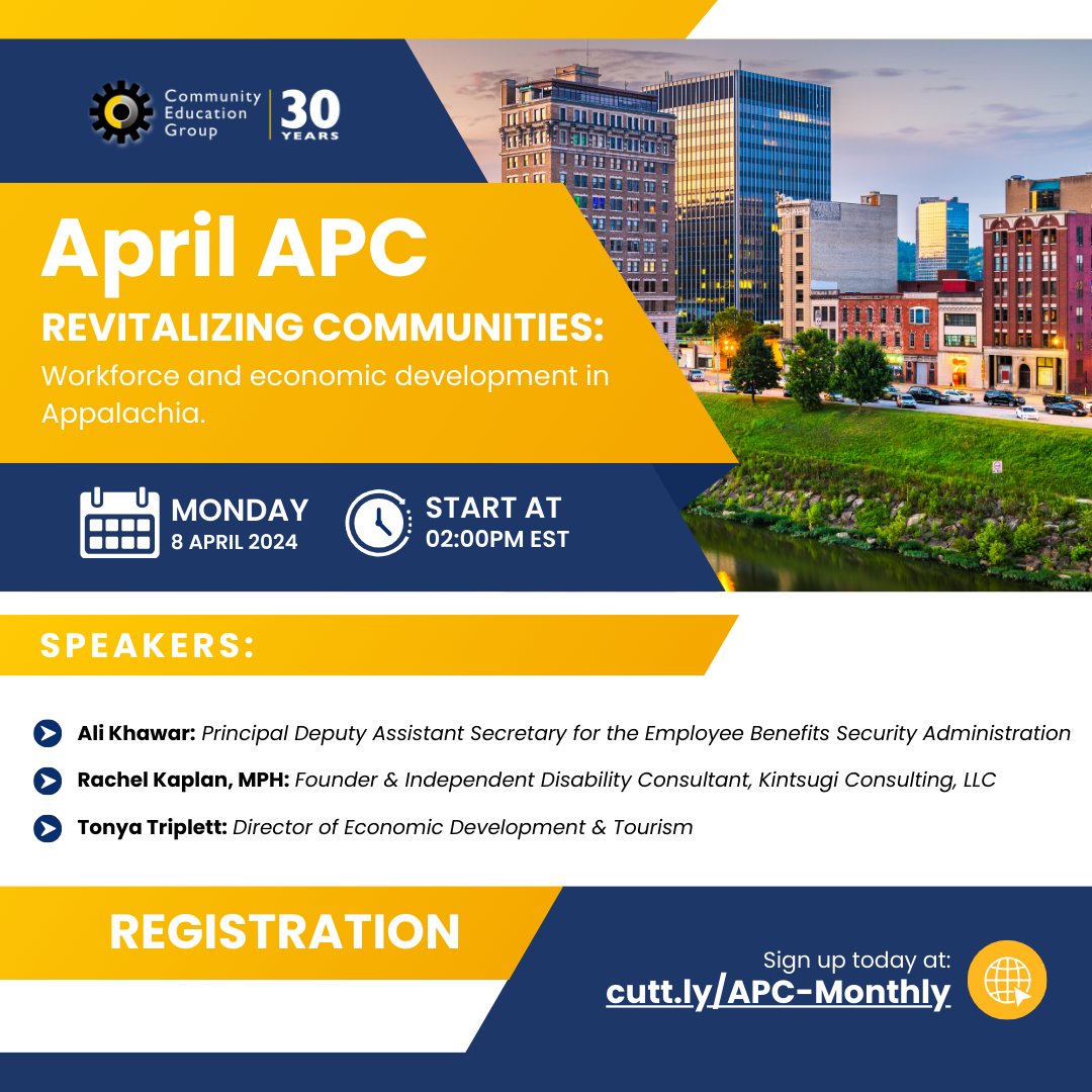 Join us April 8th for our next #Appalachian Partnership Consortium meeting at 2:00pm EST. This month's topic? 'Revitalizing communities: Workforce and economic development in Appalachia.' Sign up today at: cutt.ly/APC-Monthly #westvirginia #HIV #hivawareness #lgbtq