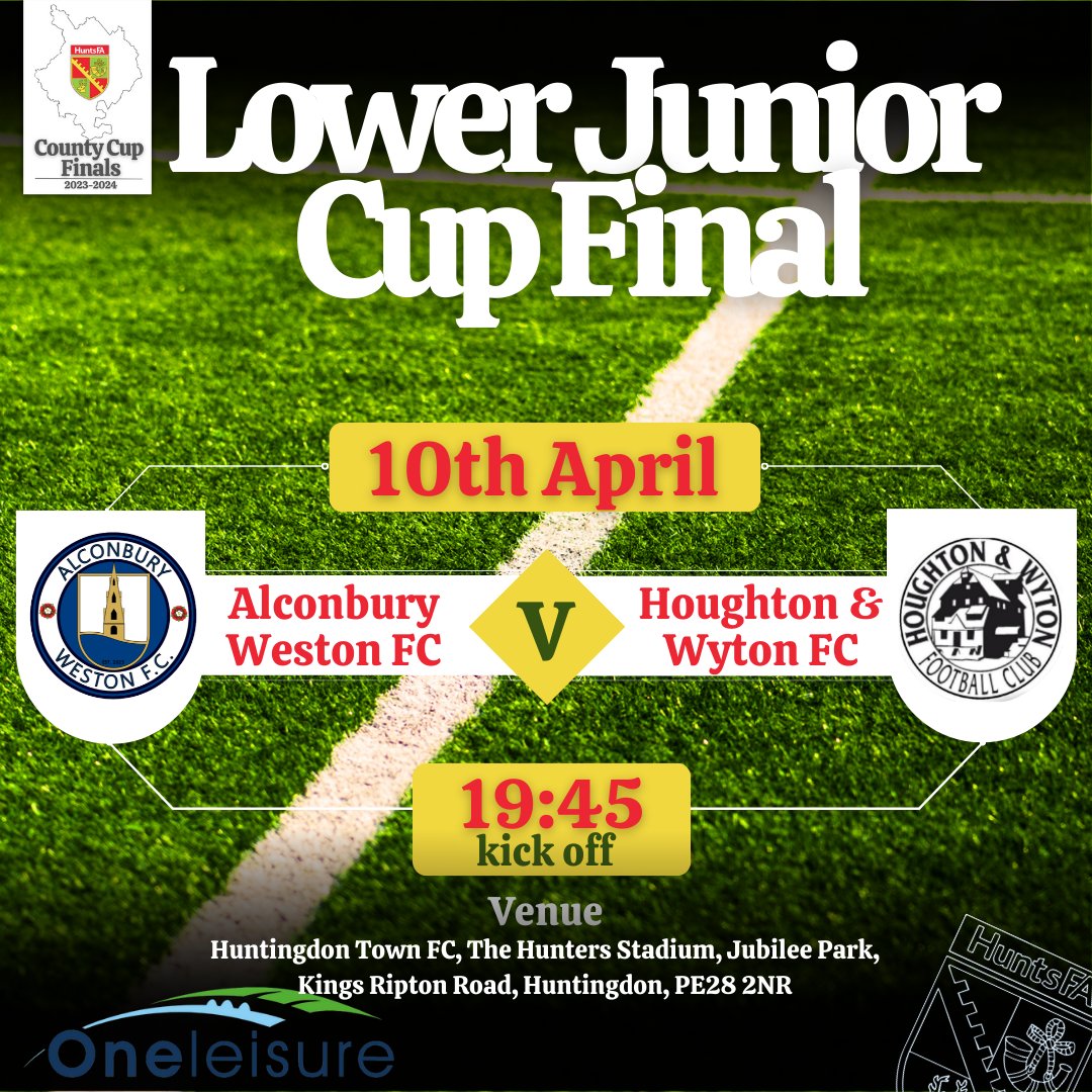 The countdown is on as we welcome @AlconburyWestfc & @houghtonwytonfc to @HuntersTownFC Ground for the 2023-24 Lower Junior County Cup Final. Kick Off is 19:45. For tickets please follow the link📷ticketsource.co.uk/whats-on/hunti…