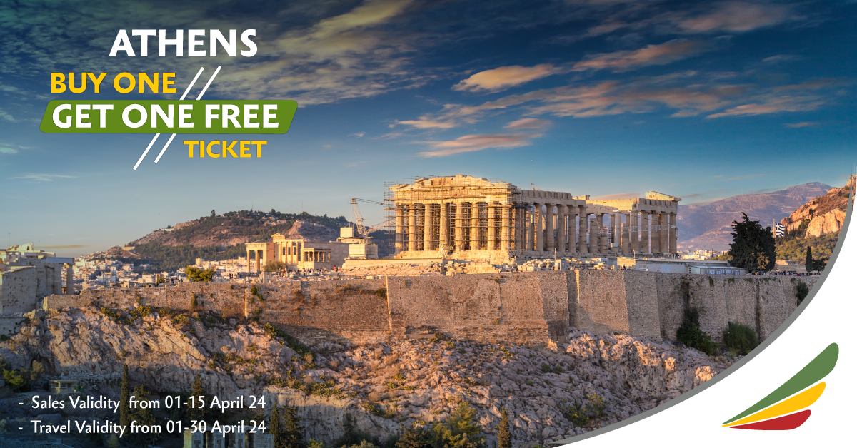 Exciting News! Don't miss this amazing offer from Ethiopian: Buy one ticket and get another one for free! Experience the beauty and culture of Athens, Greece, with Ethiopian Airlines' world-class services and hospitality.

#FlyEthiopian #BuyOneGetOneFree