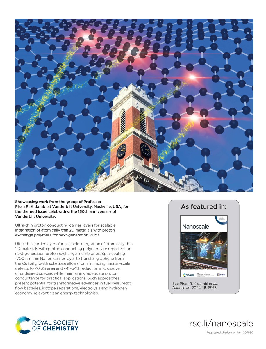 ICYMI! The @KidambiGroup have been featured on the cover of Nanoscale for their work on ultra-thin proton conducting carrier layers for scalable integration of atomically thin 2D materials with proton exchange polymers for next-generation PEMs! 👇 pubs.rsc.org/en/content/art…