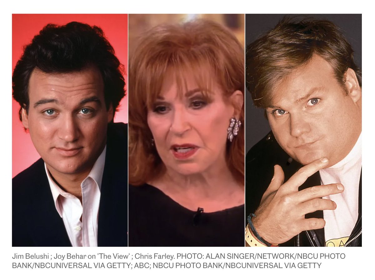 Yesterday, The View discussed whether there were any hot women on #SNL, and Joy Behar argued there weren't many hot men, saying 'I mean, Belushi and Chris Farley were not my exactly ideal dates.' Entertainment Weekly thought she meant JIM BELUSHI: ew.com/joy-behar-says…