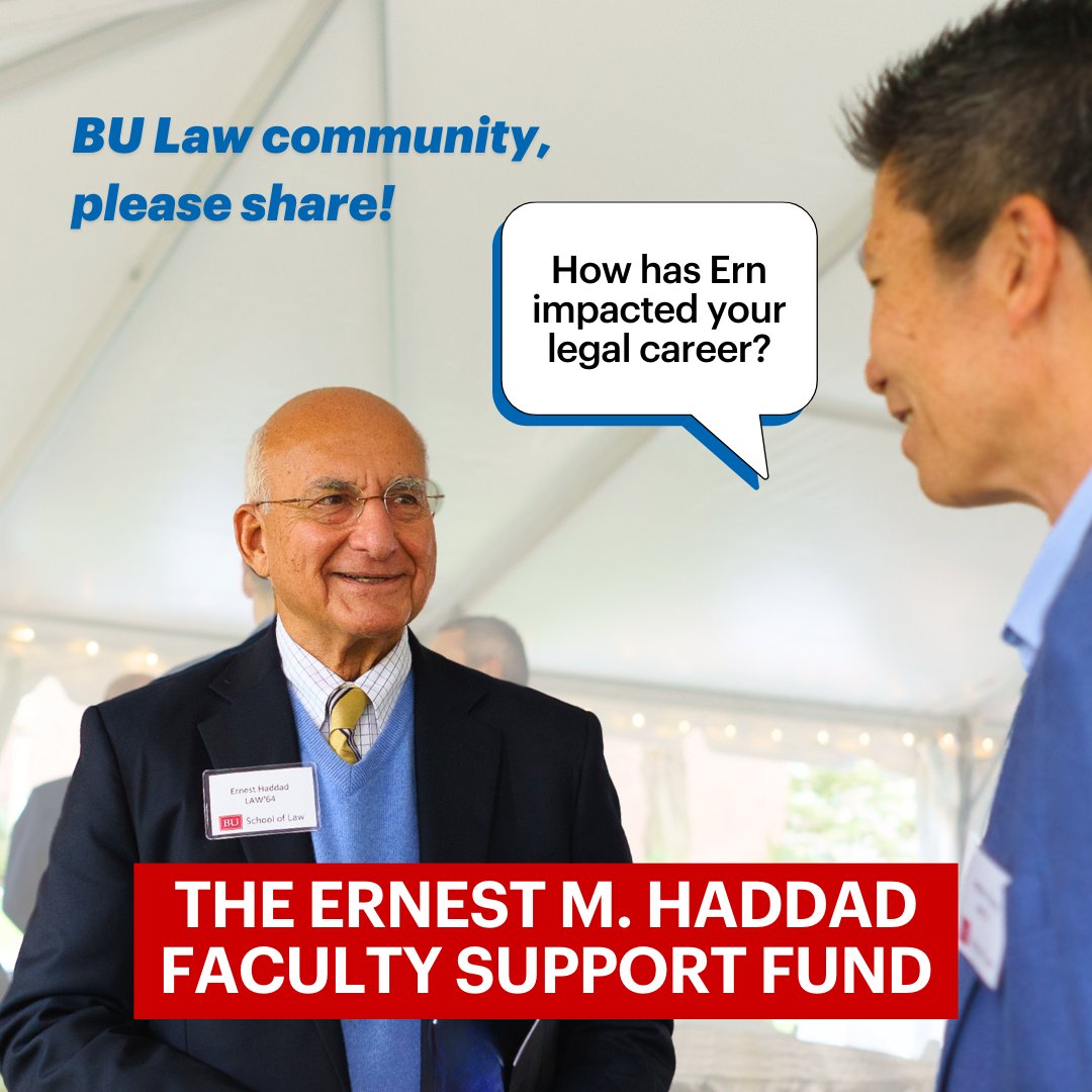 Ernest M. Haddad (’64) has established the Faculty Support Fund, which will help #BULawProf focused on human rights engage students as research assistants. #BULaw community: How has Ern contributed to your legal career? We'll share notes w/him!
Learn more➡️spr.ly/6011wEgh9